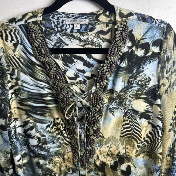 ALBERTO MAKALI Blue Green Floral Print Beaded Lace Up V-Neck Size L Sheer Sleeve - Picture 2 of 11